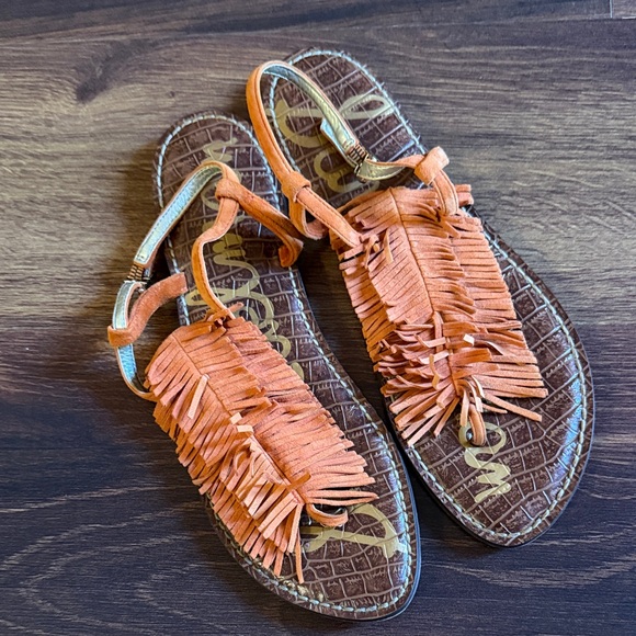 SAM EDELMAN Orange Suede Fringe Leather Sandals Size 8.5 - Picture 1 of 6